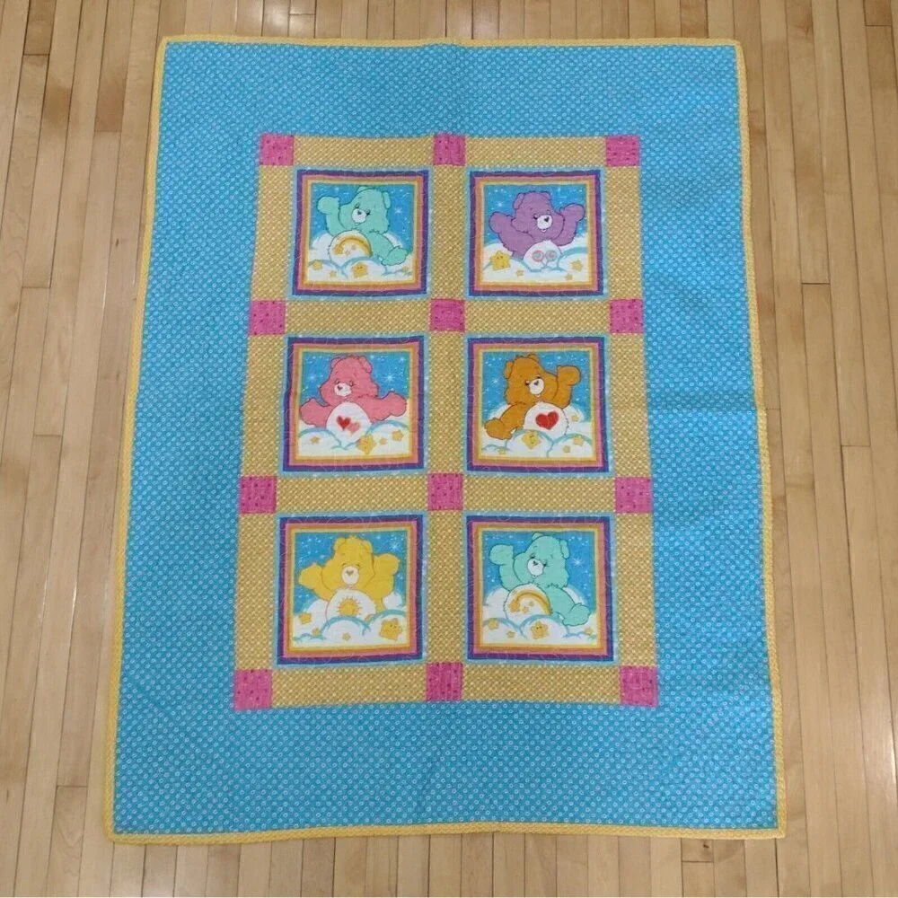 Handmade Care Bears Baby Crib Quilt Lap Blanket Wall Hanger Multi Color 43 X 32